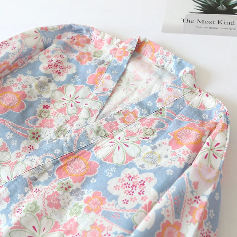 Japanese Harajuku 100% Gauze Cotton Kimono Pajamas Top+Pants Women Nightgown Set