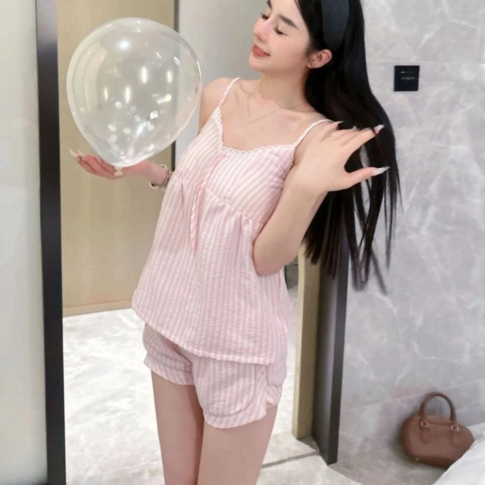 Sleeveless Lace Stripe Pyjama Suit Two Piece Pyjama Sets Gifts-