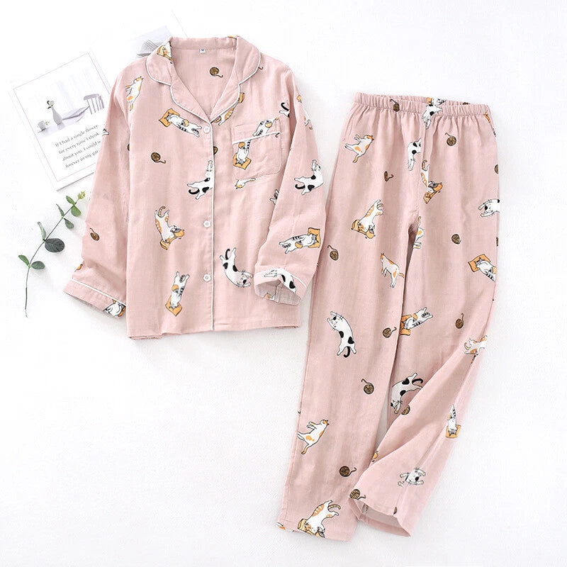 Women Pajamas Set 100% Cotton Printed Sleepwear Casual Nightwear Gauze Home Wear
