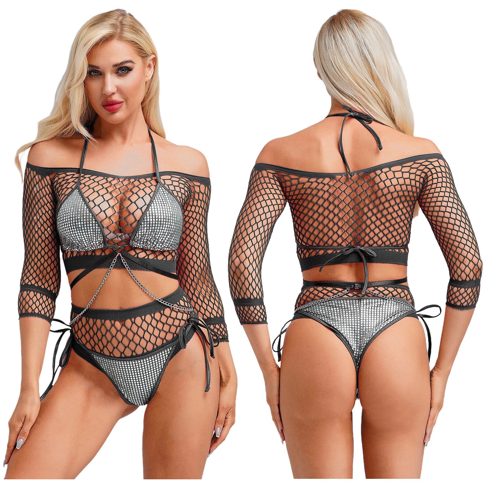 Womens Underwear Shiny Thong Crop Top Lingerie Lace-up Nightwear 4-piece Bra