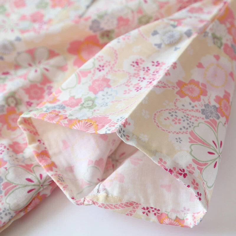 Japanese Women 100% Gauze Cotton Pajamas Set Kimono Short Sleeve Print Sleepwear