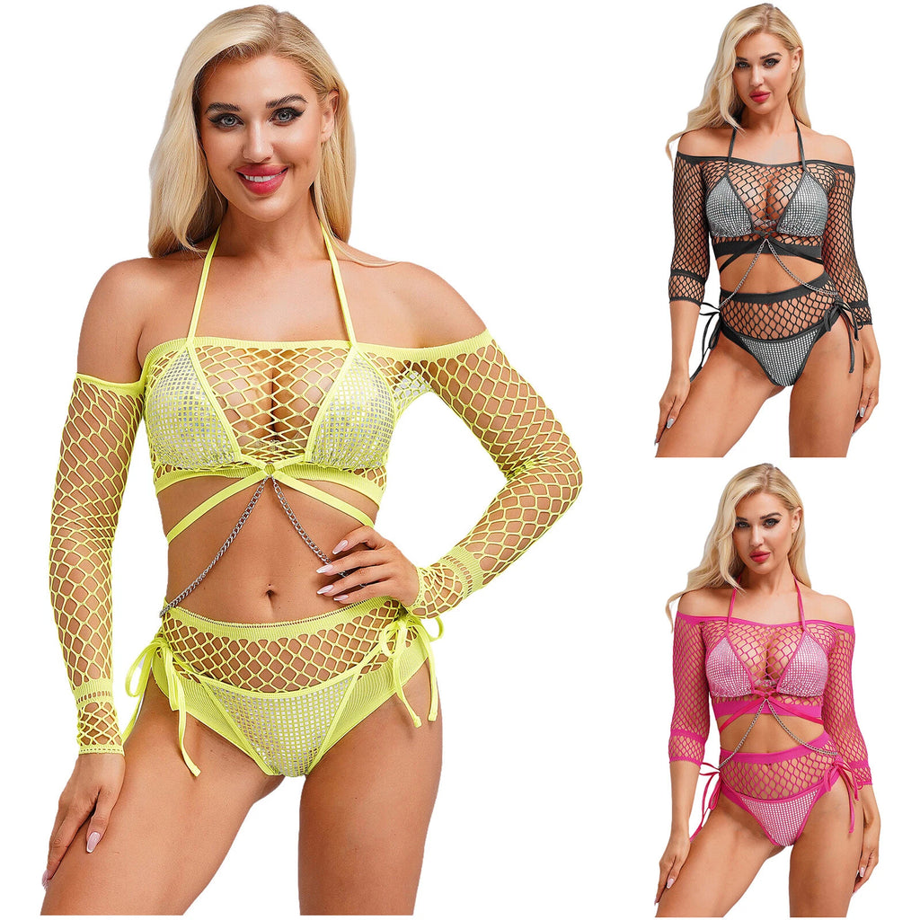 Womens Underwear Shiny Thong Crop Top Lingerie Lace-up Nightwear 4-piece Bra