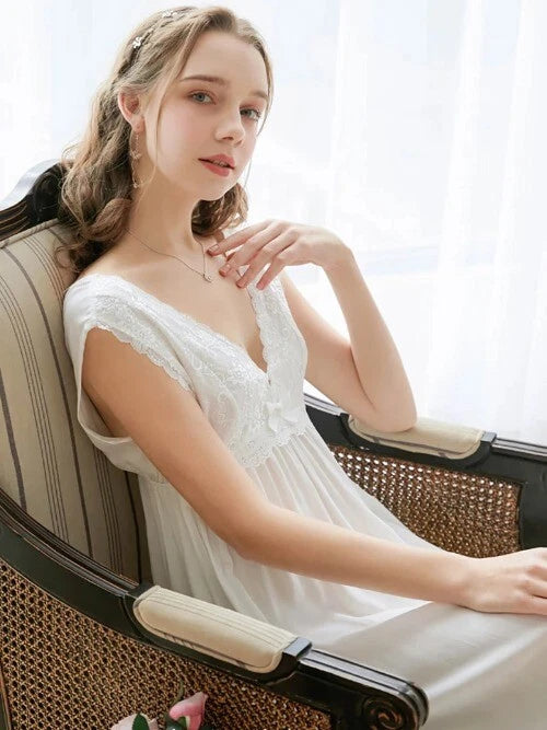 Cotton Summer Sleeveless V-Neck Backless Lace Fairy Princess Nightdress Fairy