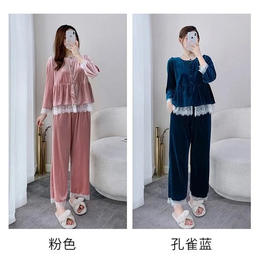 Velvet Pajamas Suit V-Neck 2PCS Set Women Lace Sleepwear Button-down Nightwear