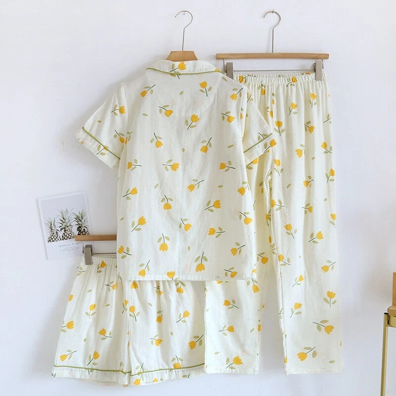 3PCS Women Pajamas Set 100% Gauze Cotton Printed Pyjamas Short Sleeve Sleepwear