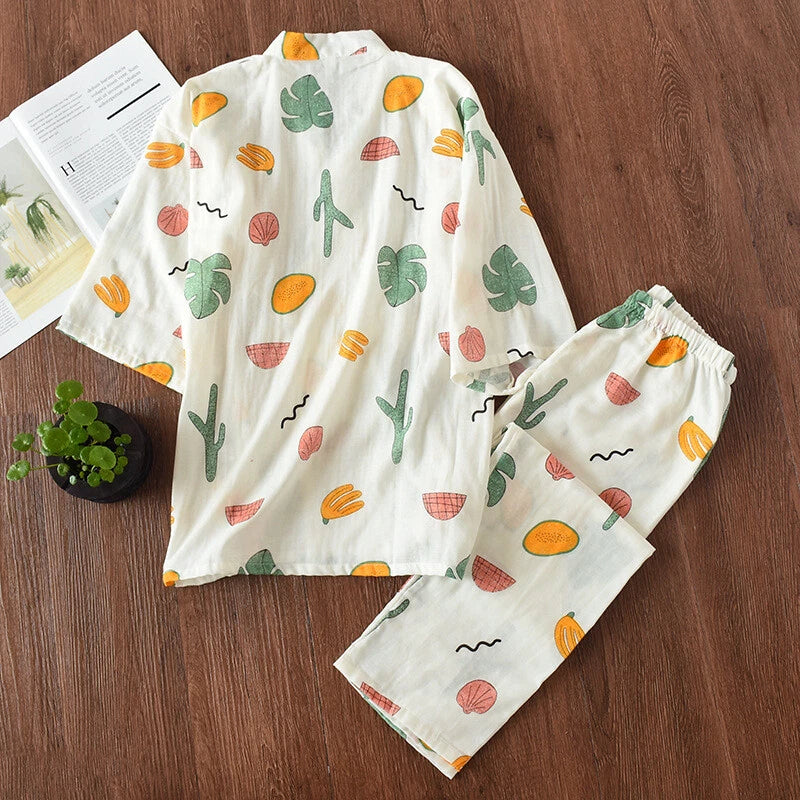 Japanese Harajuku 100% Gauze Cotton Kimono Pajamas Top+Pants Women Nightgown Set