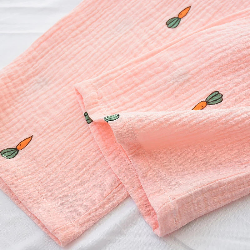 Chinese Japanese Autumn Women 100% Gauze Cotton Pajamas Set Sleepwear Nightwear