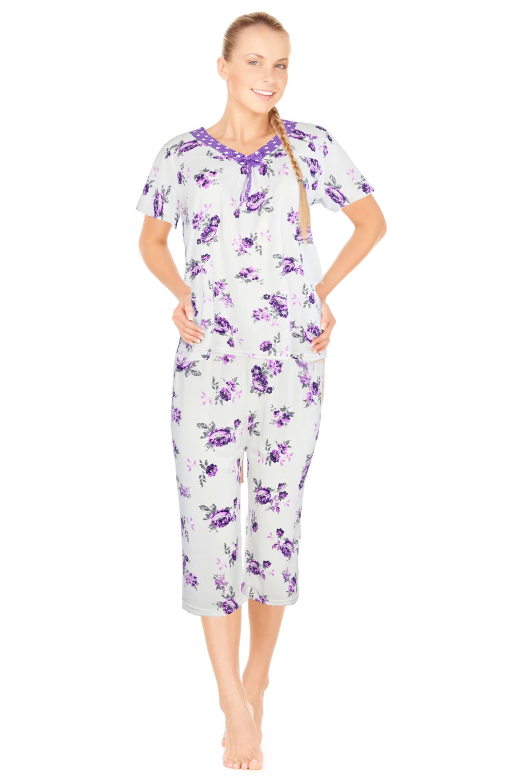 JEFFRICO Womens Capri Pajama Set 2 Piece Short Sleeve Top & Capri Pants  801C