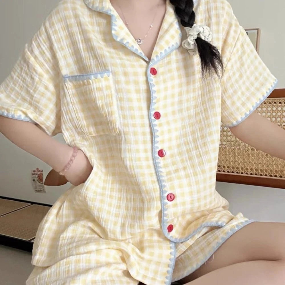 Summer Thin Plaid Pajama Set Cute 2 Piece Sleepwear Indoor Outdoor-