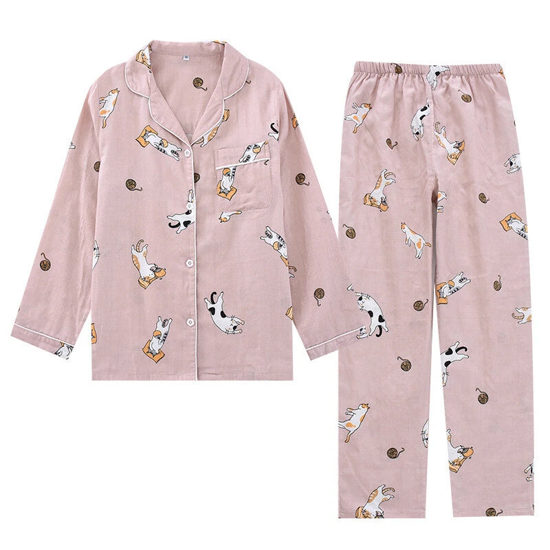 Women Pajamas Set 100% Cotton Printed Sleepwear Casual Nightwear Gauze Home Wear