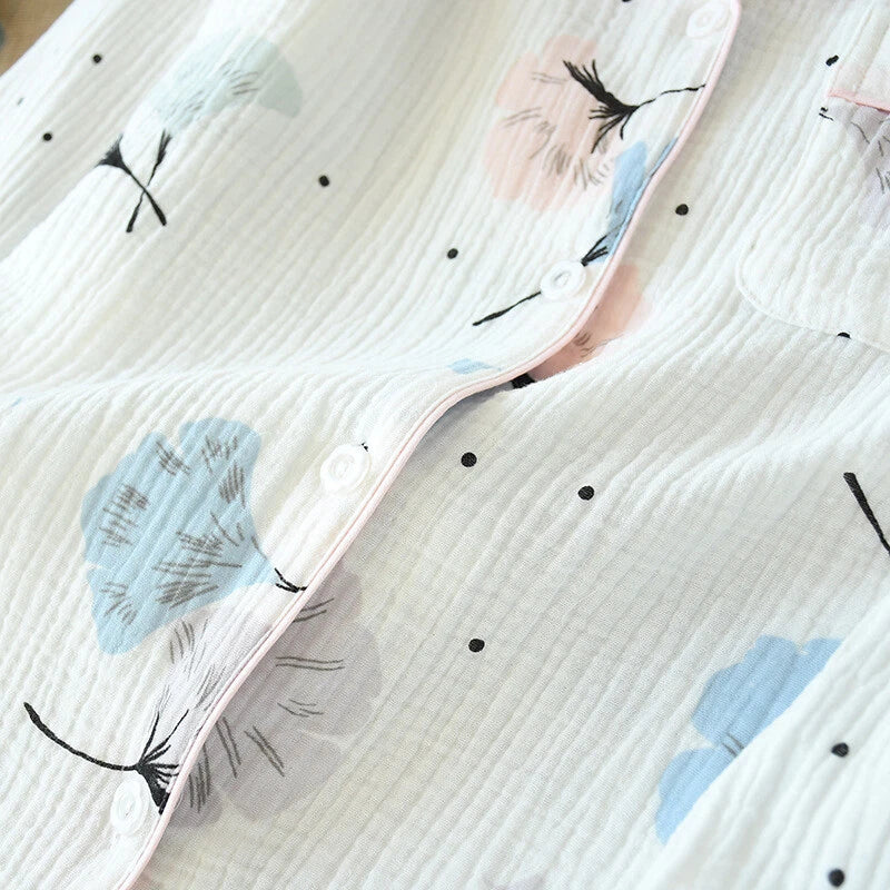 Japanese Women 100% Gauze Cotton Pajamas Set Long Sleeve Sleepwear Nightwear New