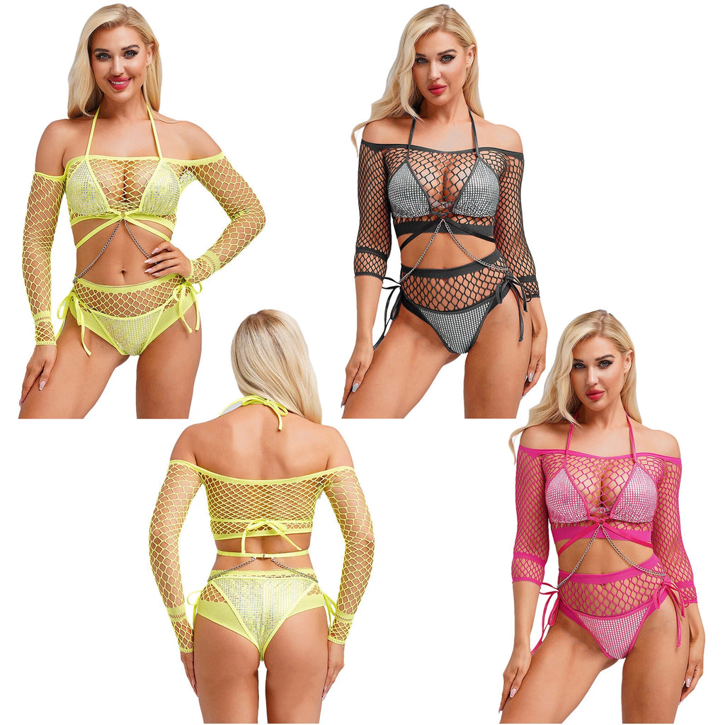 Womens Underwear Shiny Thong Crop Top Lingerie Lace-up Nightwear 4-piece Bra