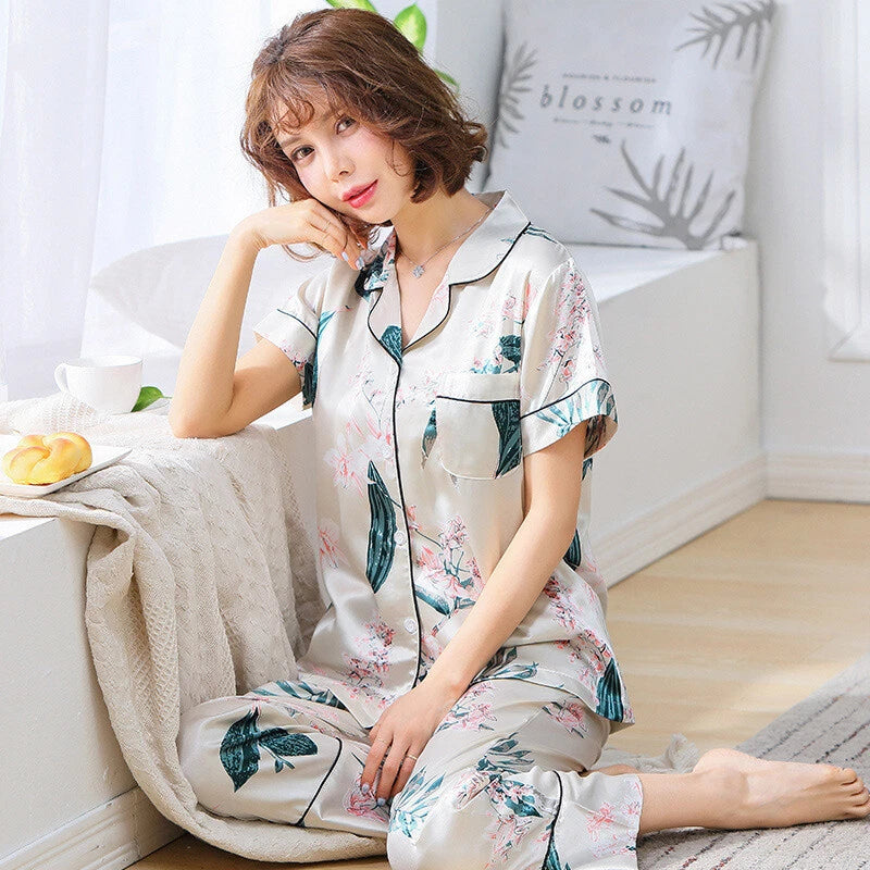Women's Satin Pyjamas Set Short Sleeve Button-Down Sleepwear Silk PJS Loungewear