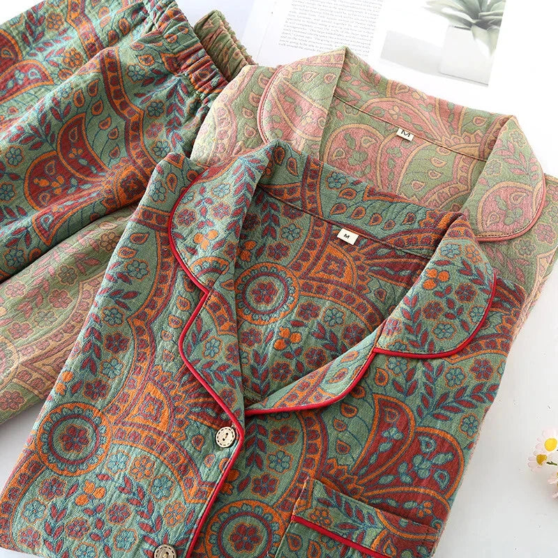 2024 new Ethnic style printed women's pajamas 2-piece set for casual wear