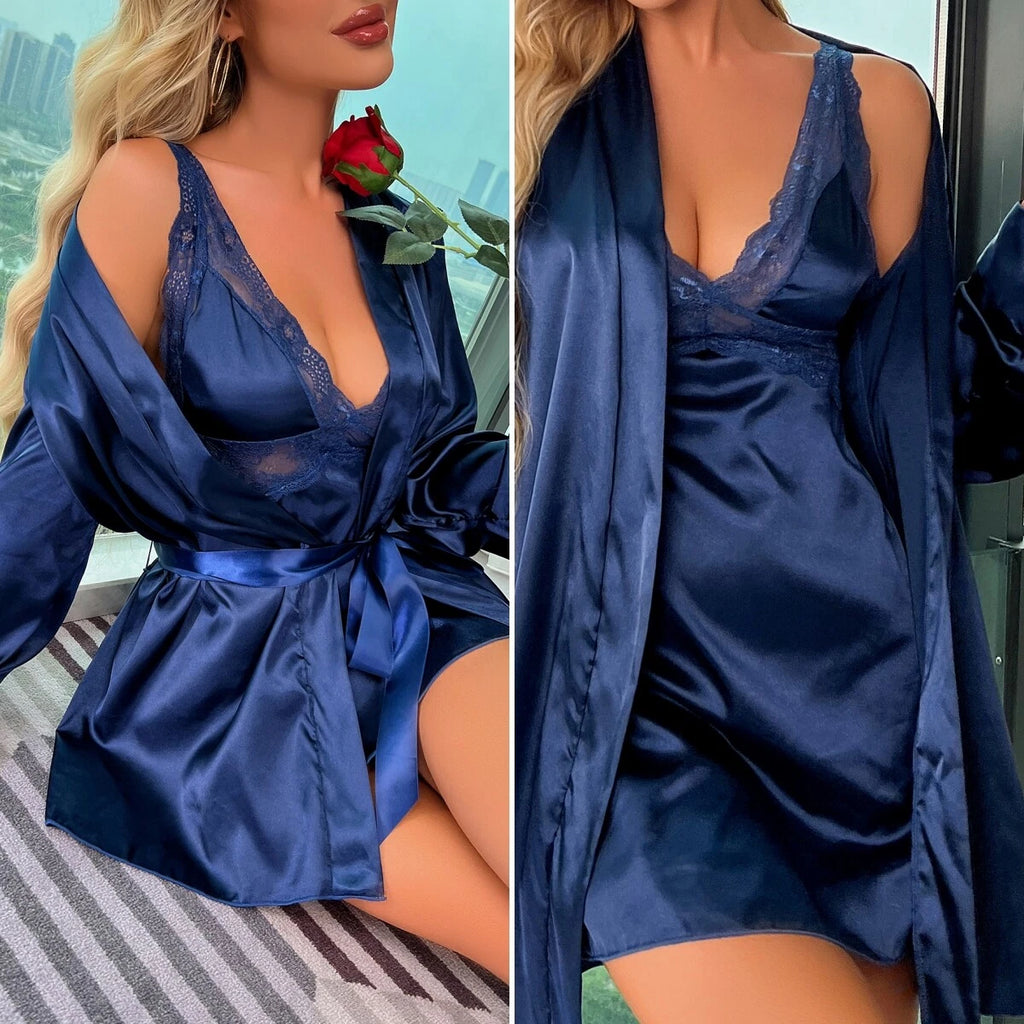 Womens Satin Kimono Robe w/ Dress Lingerie Set Nightgown Sleepwear Silk Bathrobe