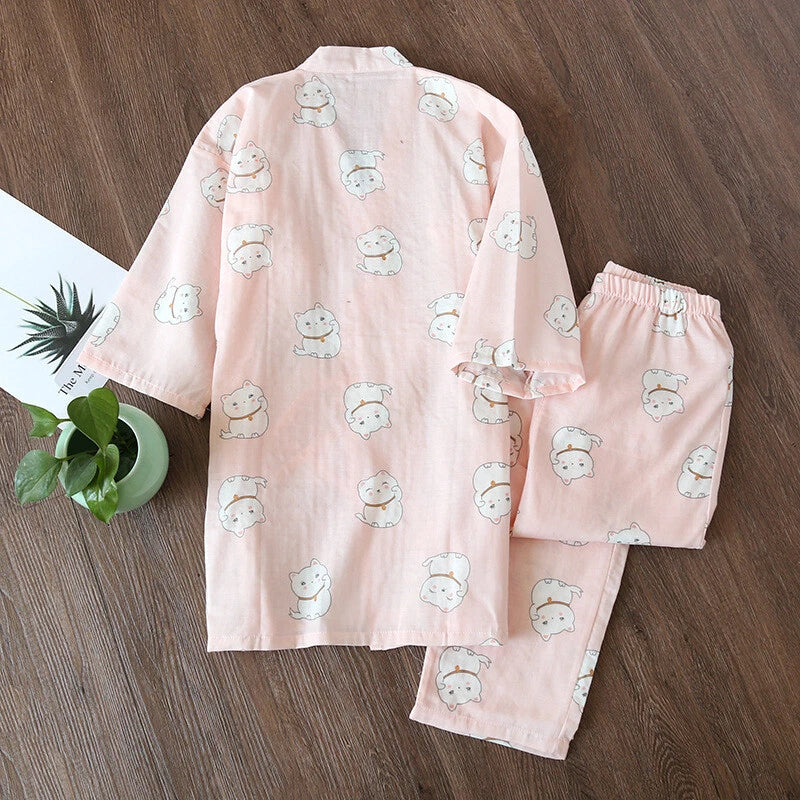Japanese Harajuku 100% Gauze Cotton Kimono Pajamas Top+Pants Women Nightgown Set