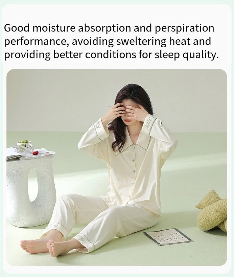 New Women's Long Sleeve Homewear Antibacterial Comfortable Cotton Sleepwear Set