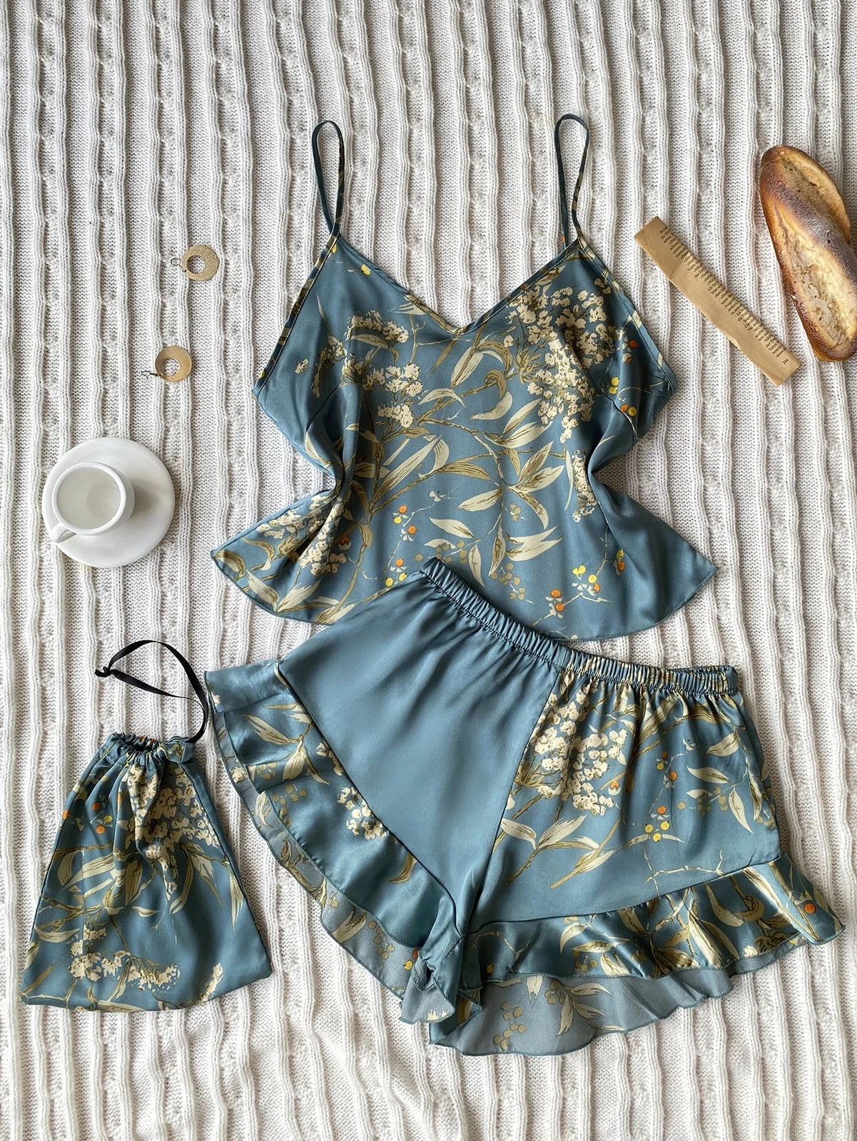Floral Print Cami Tops Ruffle Hem Shorts Pajama Set Women's Sleepwear Loungewear