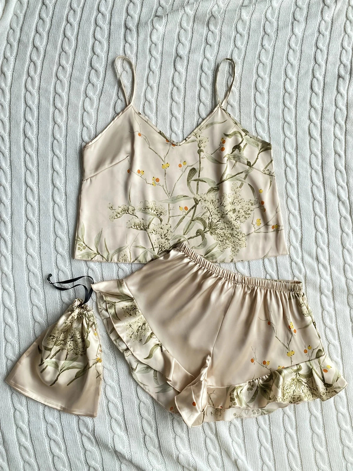 Floral Print Cami Tops Ruffle Hem Shorts Pajama Set Women's Sleepwear Loungewear