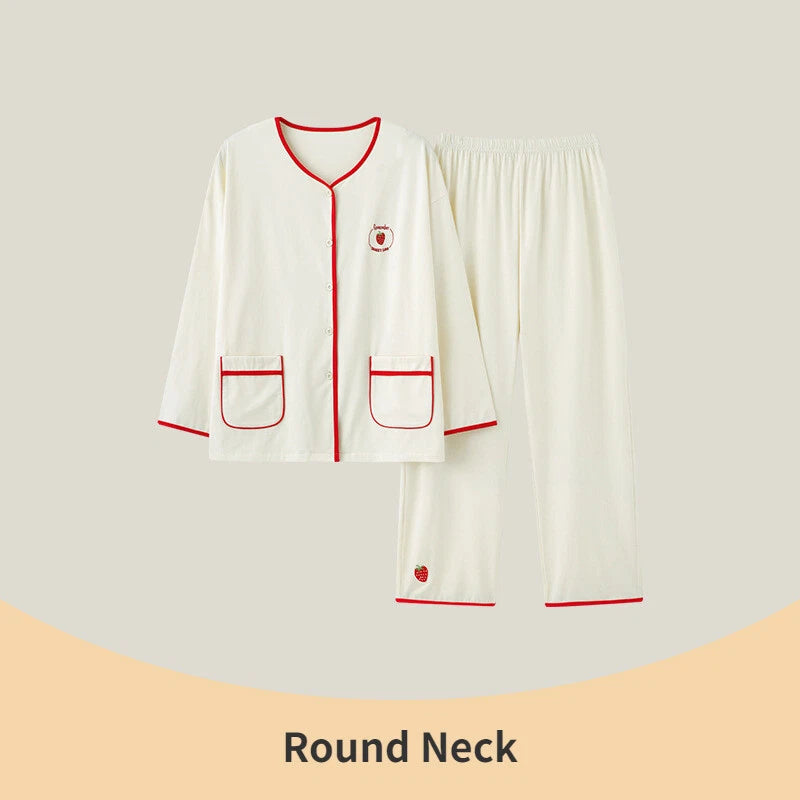 Fashion Women's Pajamas Autumn Embroidered Comfortable Casual Antibacterial Pajamas Set-