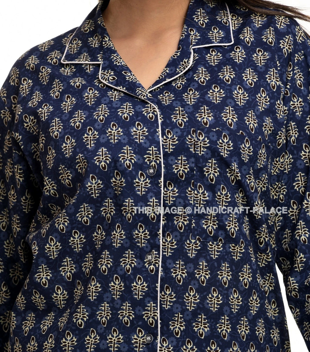 Women’s Two-Piece Long Sleeve Button Down Sleepwear/Lounge PJ Set Cotton Blue