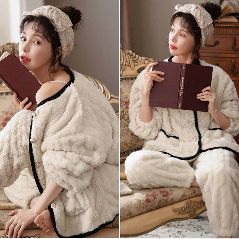 Princess coral velvet pajamas women Nightwear sweet Warm home service suit new