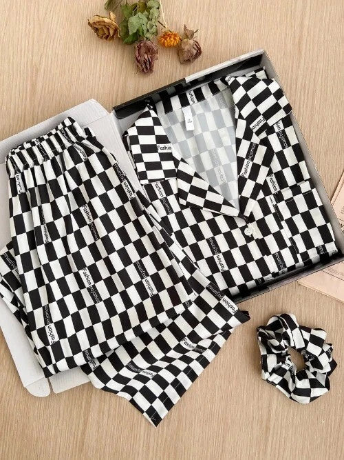 Sleepwear Two-Piece Set Elegant Print Plaid LongSleeve PijamasSuit Spring Summer