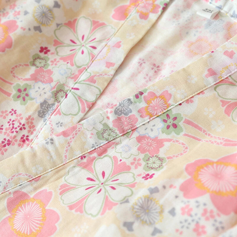 Japanese Harajuku 100% Gauze Cotton Kimono Pajamas Top+Pants Women Nightgown Set