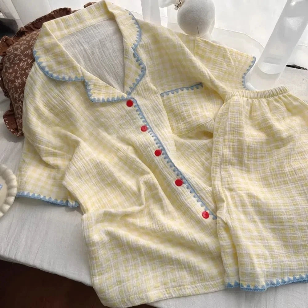 Summer Thin Plaid Pajama Set Cute 2 Piece Sleepwear Indoor Outdoor-