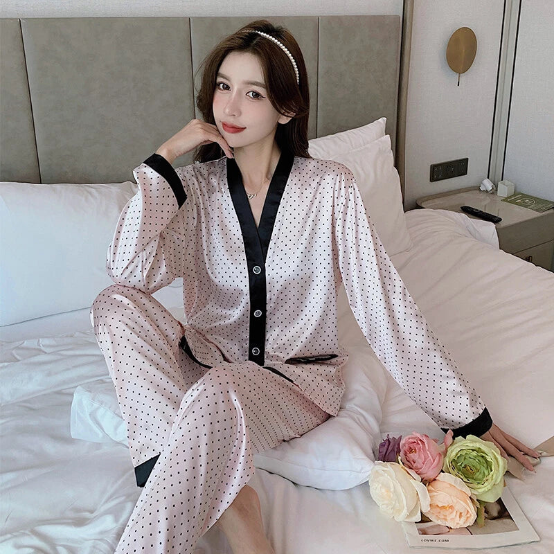 Women's Long Sleeve Silk Pajama Set Button-Down Sleepwear Print Loungewear Plus