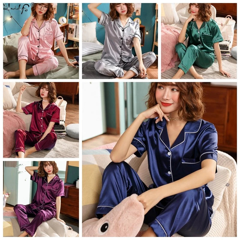 Women Lady Silk Satin Pajamas Set Pyjama Sleepwear Nightwear Summer Homewear Pj