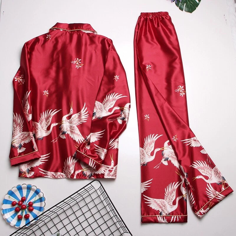 Women's Long Sleeve Silk Pajama Set Button-Down Sleepwear Print Loungewear Plus