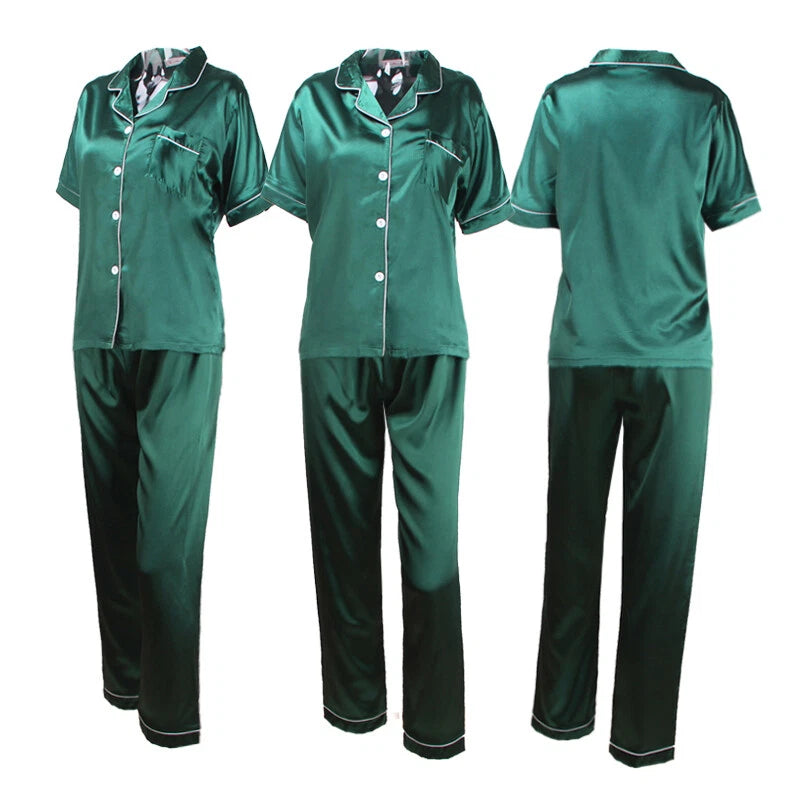 Women's Satin Pyjamas Set Short Sleeve Button-Down Sleepwear Silk PJS Loungewear