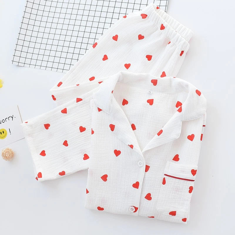 Japanese Women 100% Gauze Cotton Pajamas Set Long Sleeve Sleepwear Nightwear New