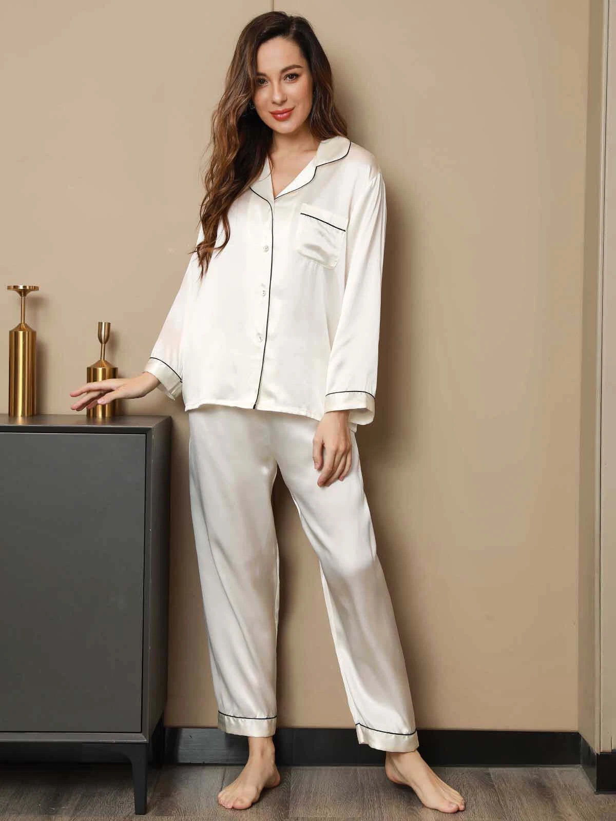 Women's 19mm Pure Mulberry Silk Pajamas Set Silk Sleepwear Nightwear Home Wear