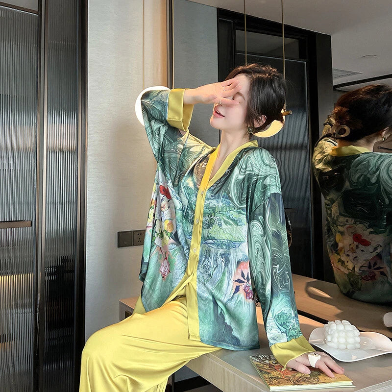 Women's Pajamas Set Luxury Print Silk Sleepwear V Neck Design Homewear Nightwear