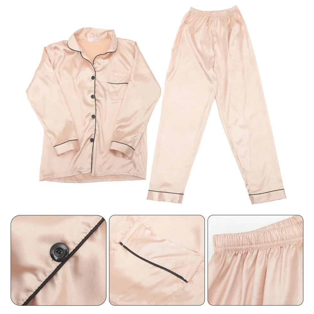 1 Set Female Nightclothes Trousers Simulated Silk Pajamas Set Fresh Long Sleeve