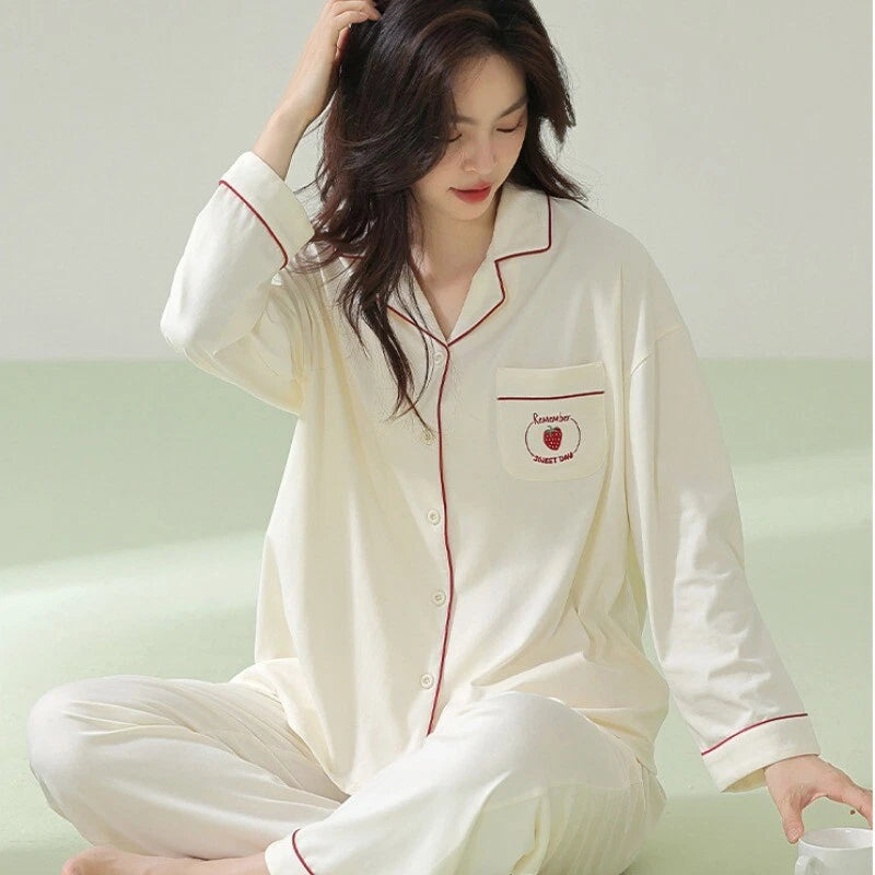 Women's Pajama Set Autumn Embroidered Comfortable Casual Antibacterial Sleepwear