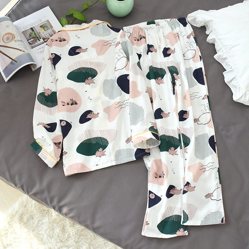 Women Pajamas Set 100% Cotton Printed Sleepwear Casual Nightwear Gauze Home Wear