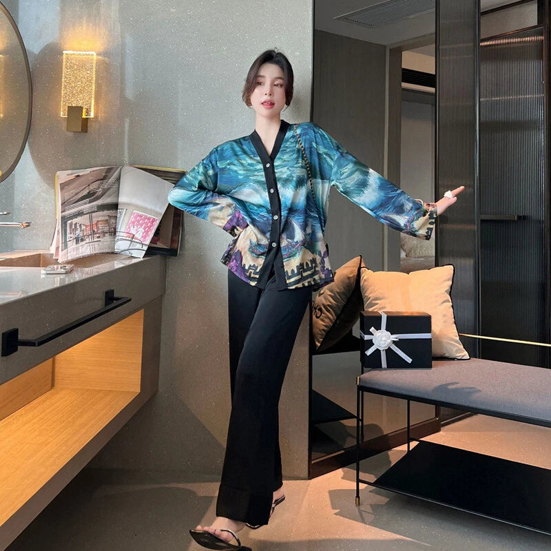 Women's Pajamas Set Luxury Print Silk Sleepwear V Neck Design Homewear Nightwear
