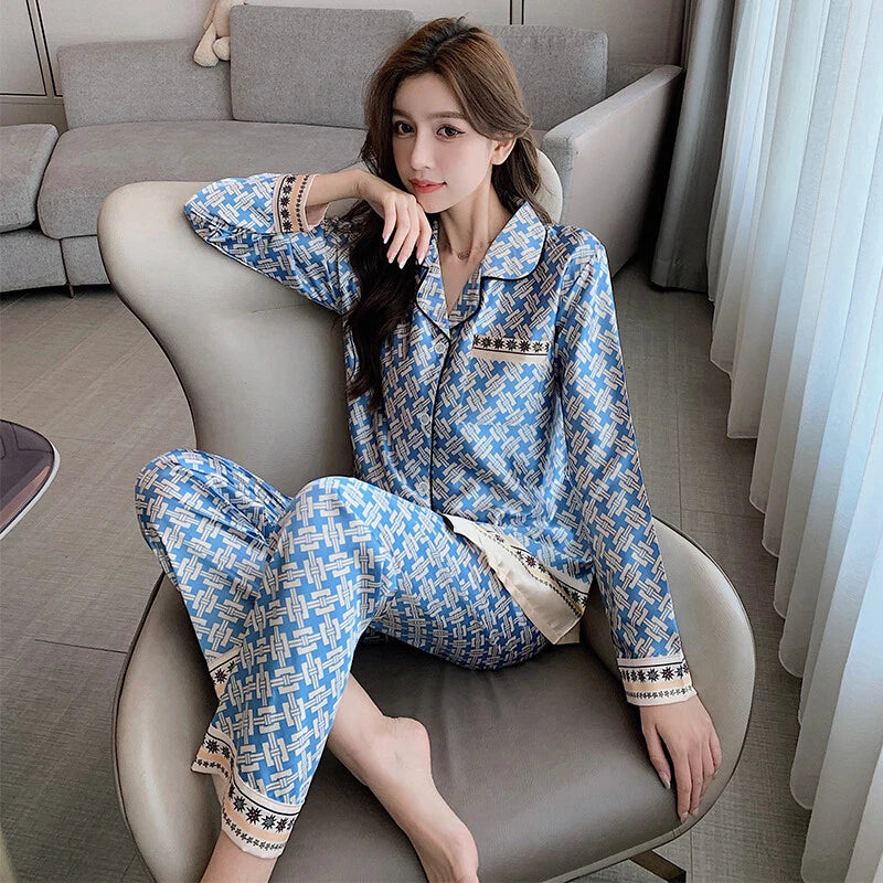 Women's Long Sleeve Silk Pajama Set Button-Down Sleepwear Print Loungewear Plus