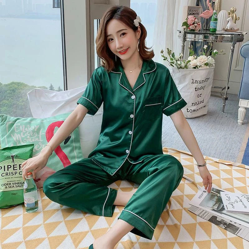 Women Lady Silk Satin Pajamas Set Pyjama Sleepwear Nightwear Summer Homewear Pj
