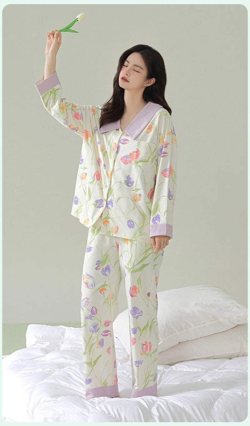 Fashion Women's Home Clothes Print Pajama Set Soft Comfortable Autumn Sleepwear