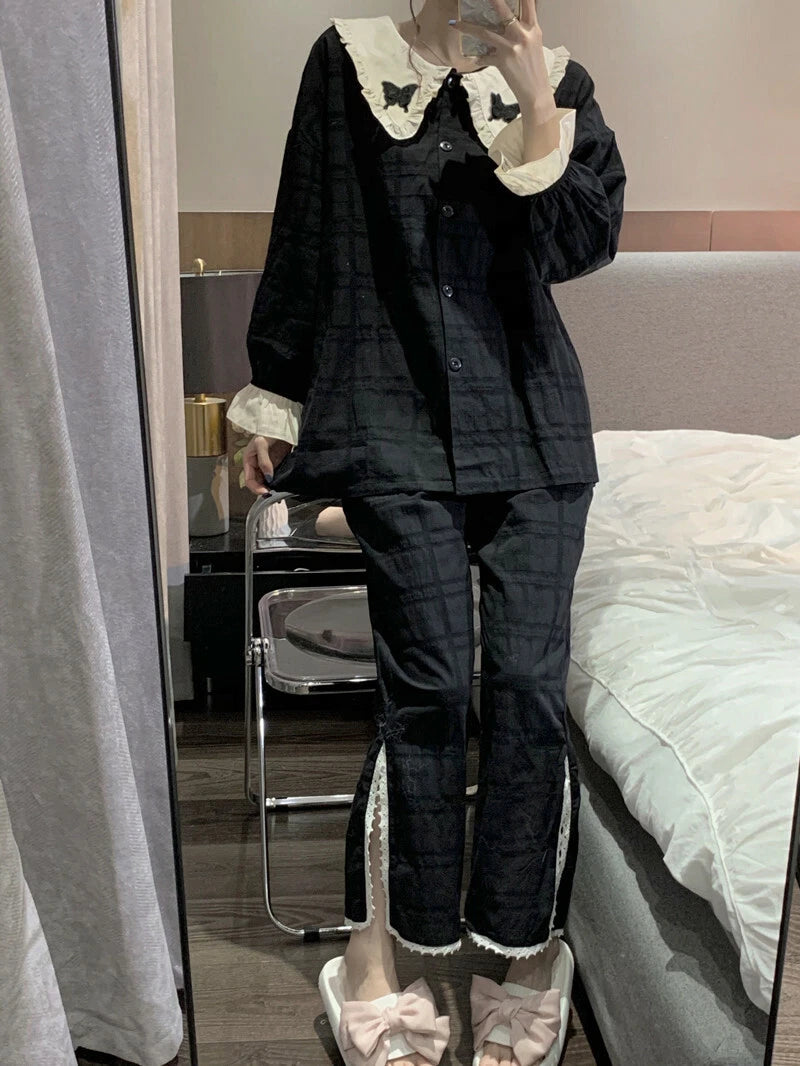 Korean women sweet pajamas long-sleeved trousers home service two-piece suit