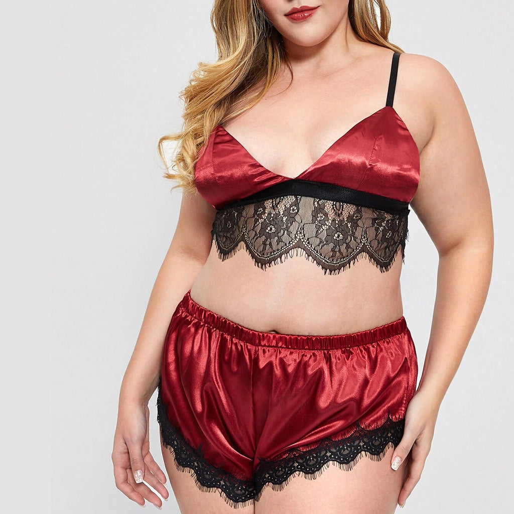 Plus Size Womens Satin Nightwear Lace Trim Bra Top Sissy Shorts of Lingerie Set