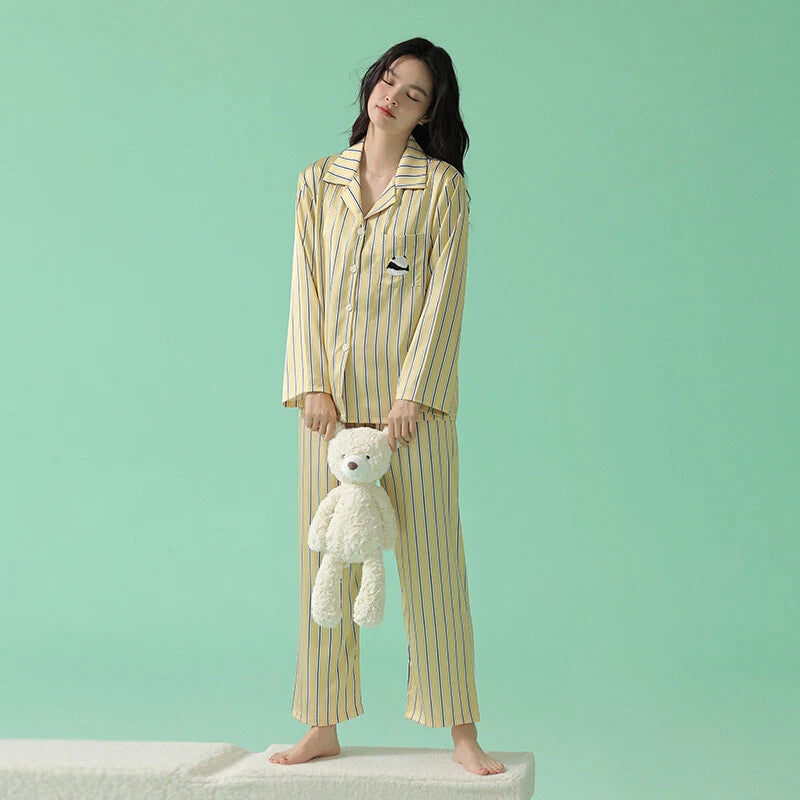 Women's Long Sleeve Pajamas Fashion Striped Homewear Comfortable Antibacterial Clothing-