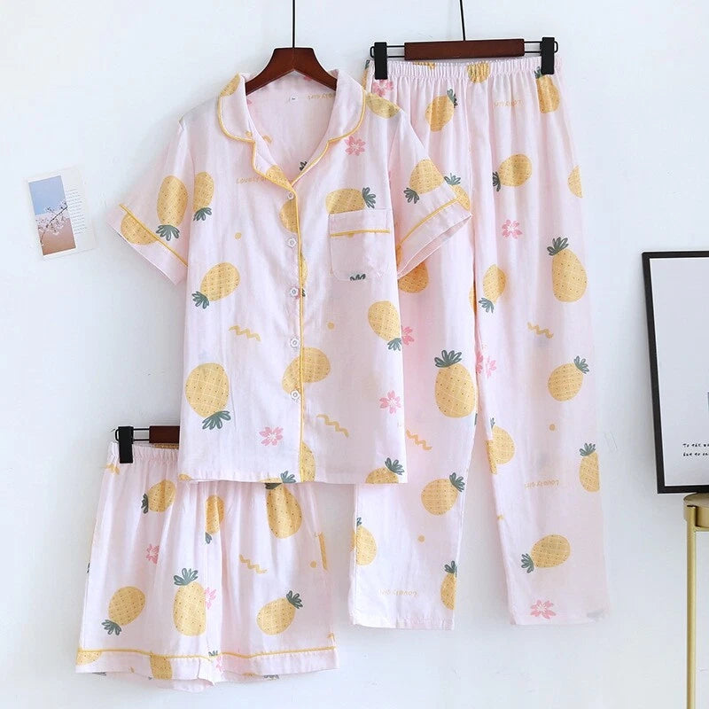 3PCS Women Pajamas Set 100% Gauze Cotton Printed Pyjamas Short Sleeve Sleepwear