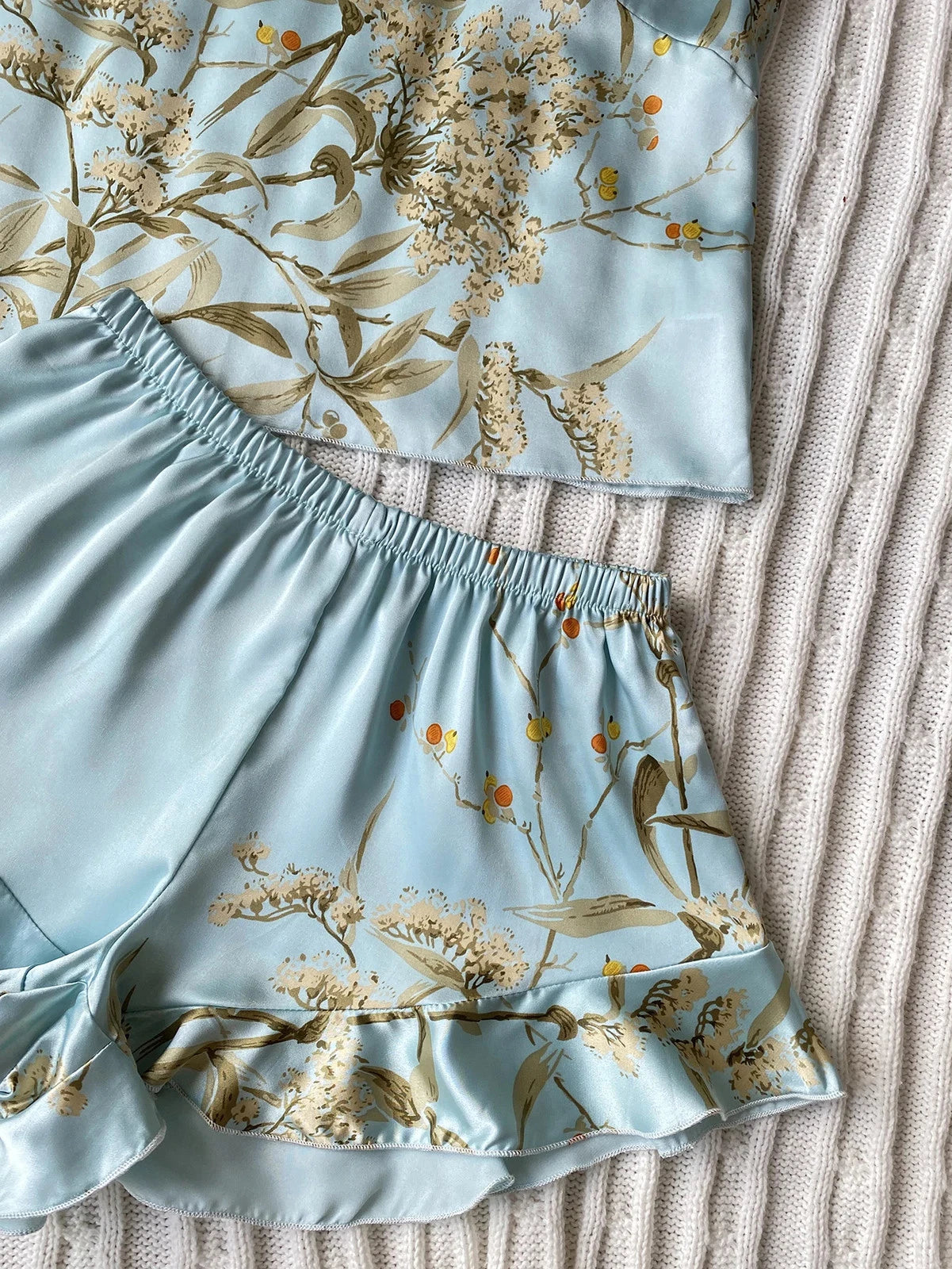 Floral Print Cami Tops Ruffle Hem Shorts Pajama Set Women's Sleepwear Loungewear