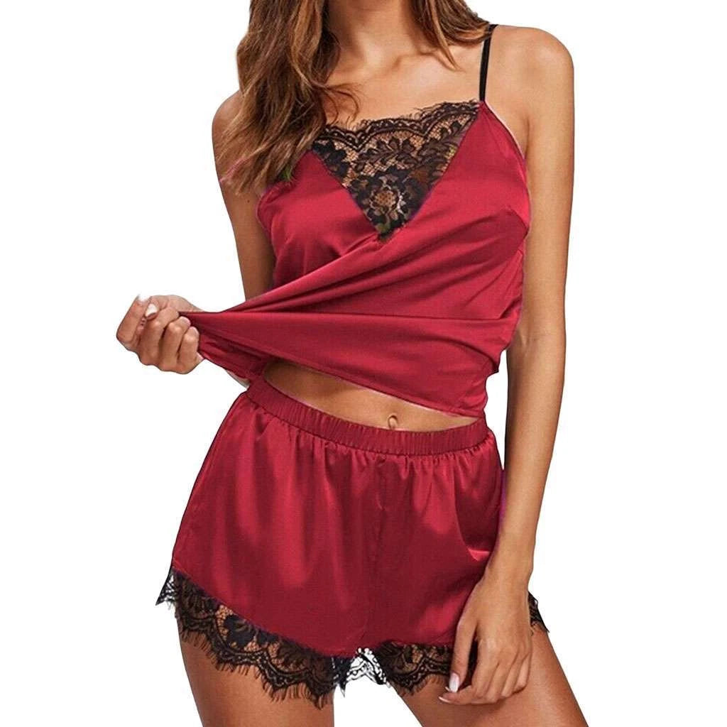 Women Sexy Lace Sleepwear Silk Pajamas Set Lingerie Babydoll Nightgown Nightwear