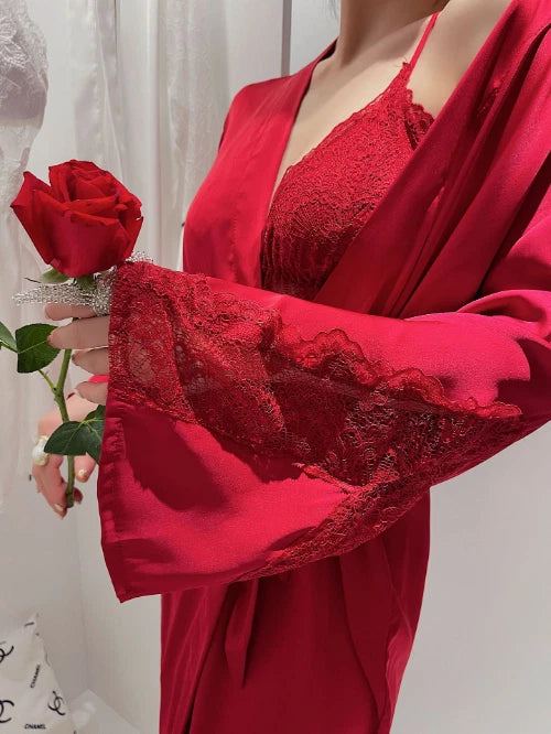 Sexy Robe Set Lace 2PCS Bathrobe Nightdress V-Neck Kimono Gown Sleepwear Suit